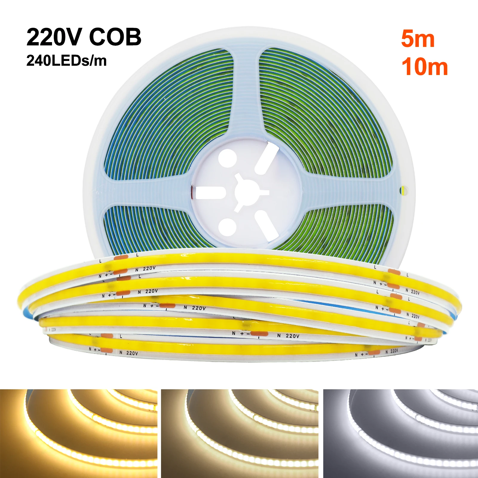 COB LED 스트립 조명, 고휘도 240 LEDs/m, 8mm 너비, RA90 선형 조명, 유연한 테이프 조명, 따뜻한 내추럴 화이트, 5M, 10M, 220V