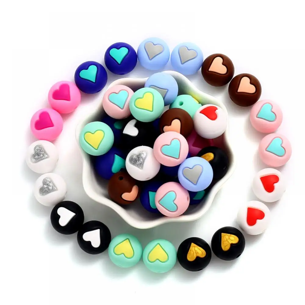 10Pcs Colorful Round Heart Silicone Beads 10mm Teether Chewing Beads For Bracelet Pacifier Chain Accessory DIY Jewelry Making