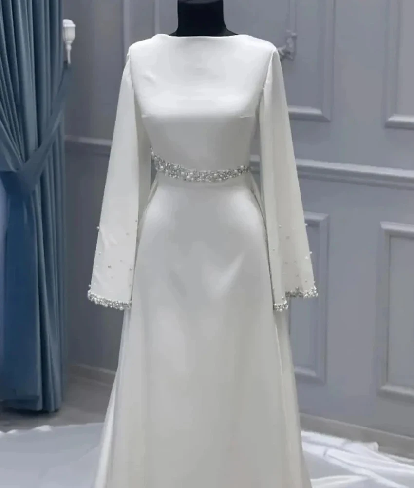 

MCDV Customized Graceful Satin Mermaid Pearls Beading Evening Dress High Quality O-neck Long Sleeves Women Wedding Gowns