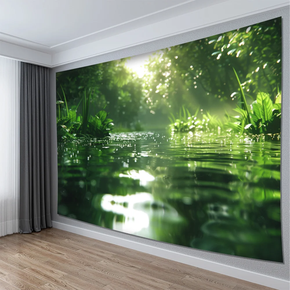 Realistic Tropical Nature Wall Tapestry Jungle Water Scene Sunlight Mural Print Green Forest Home Decor Art