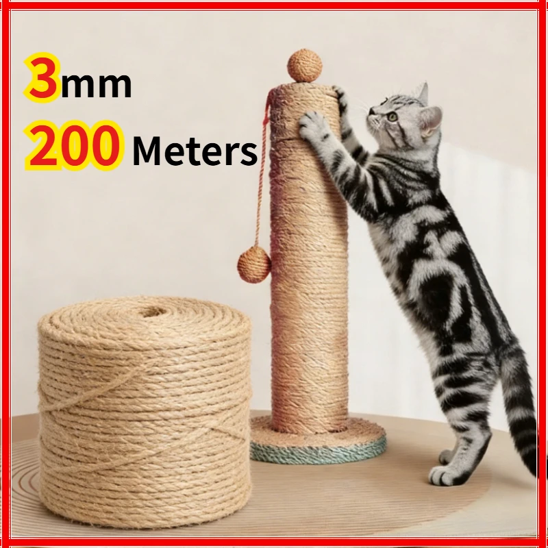 200M Katzen-DIY-Sisalseil, Kratz- und Klettergerüst, Spezielles Baumwollseil, Widerstandsfähiges Kratzseil, Katzenspielzeug-Seil - 3mm