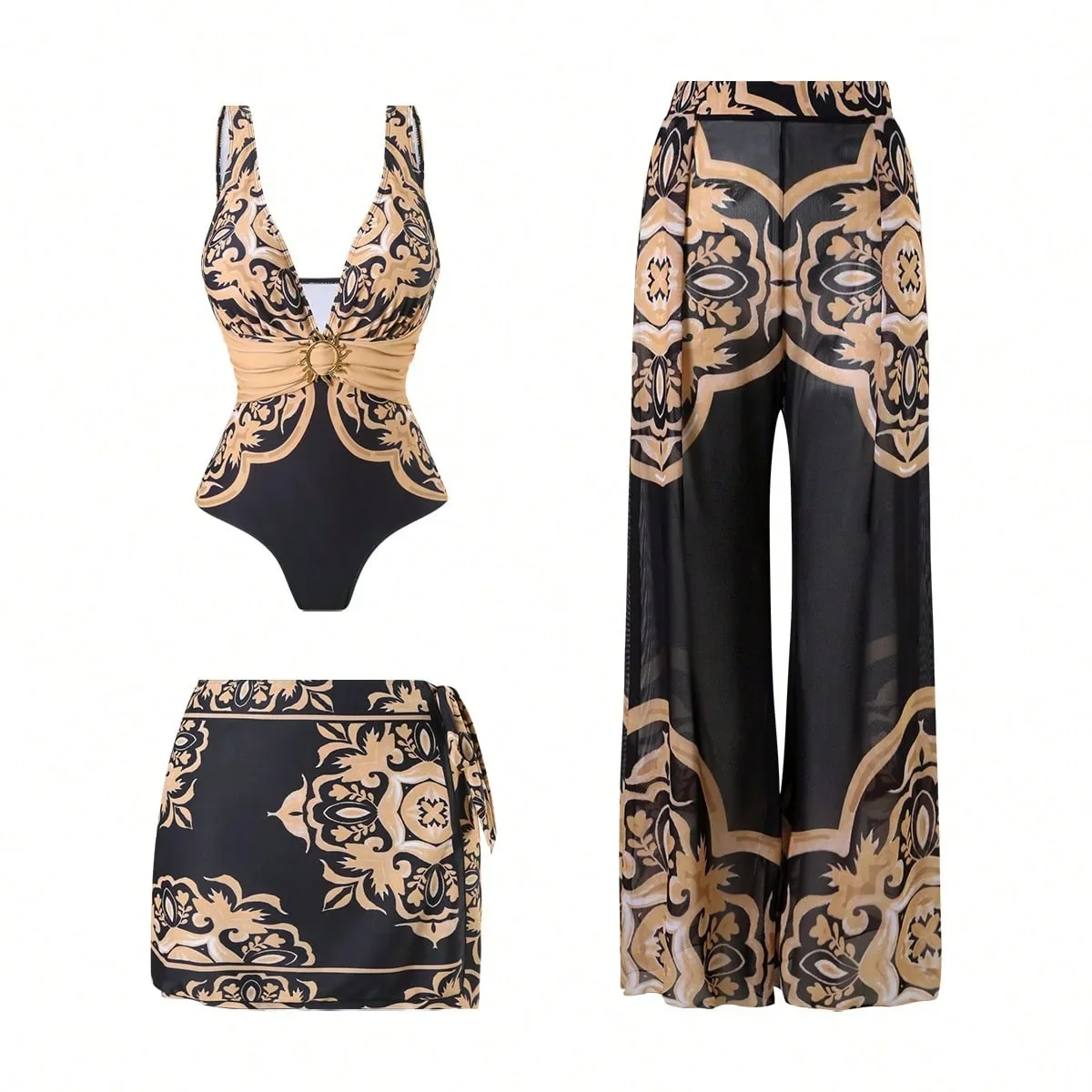 여성용 섹시 원피스 수영복 스커트 푸쉬업 레이스업 밴디지 바디수트 브라질리언 딥 V넥 백리스 수영복