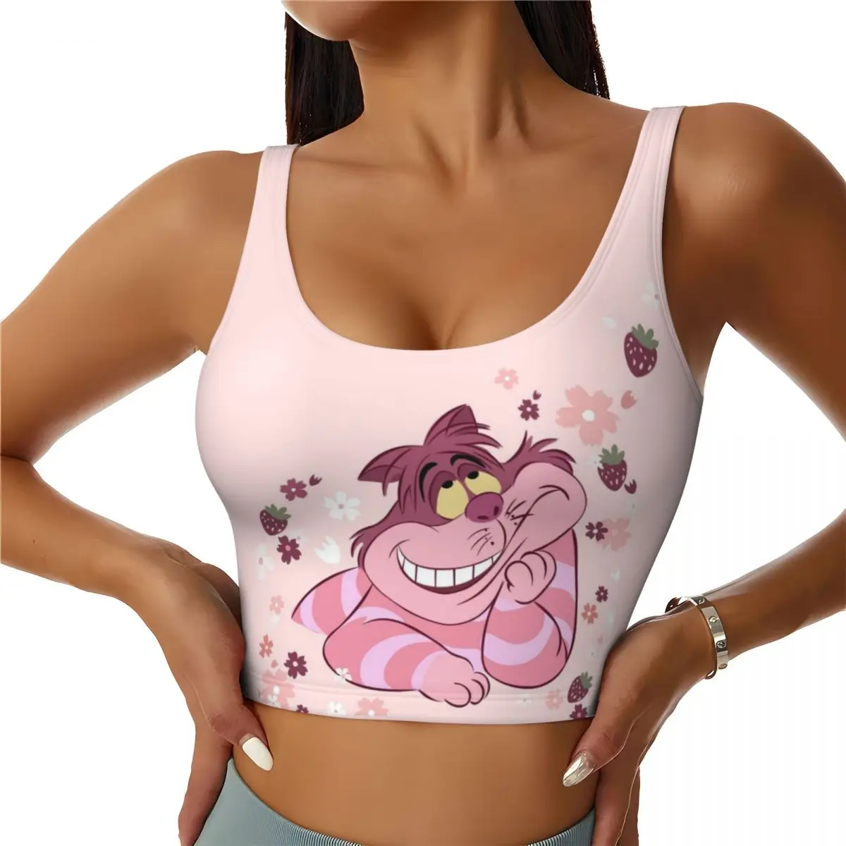 

Custom Women's Cheshire Cat Cartoon Sports Bras Alice in Wonderland High Impact Gym Workout Running Crop Tank Tops