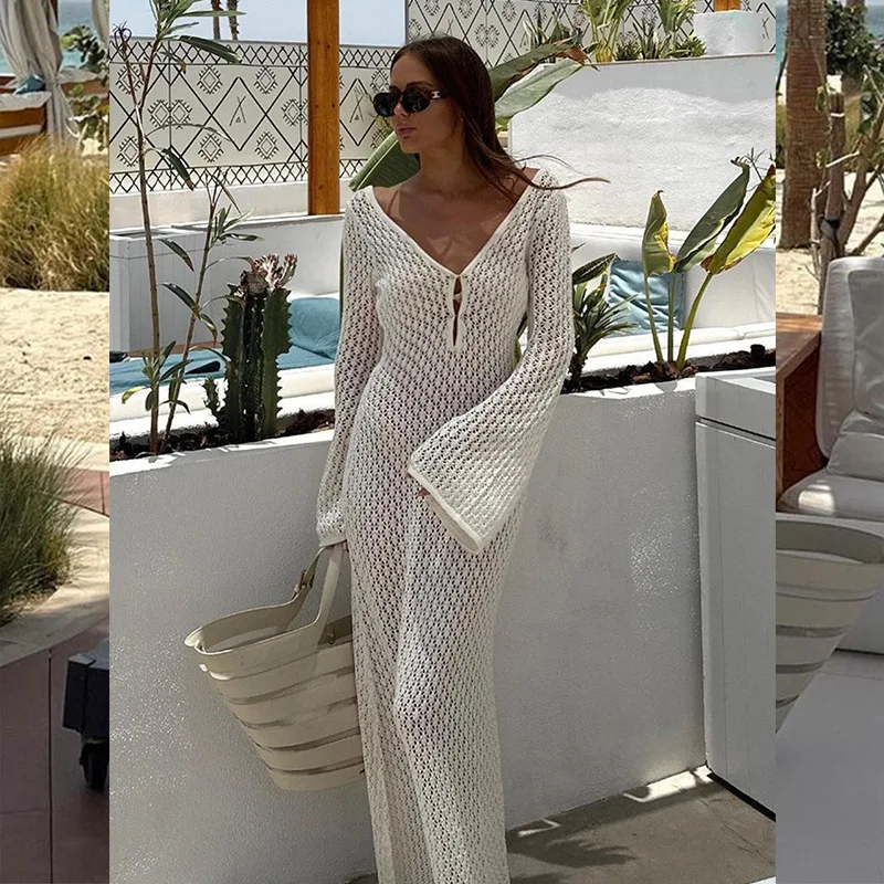 Maxi Dress Women V Neck Bikini Set Ruffle Soild Color Bell Sleeves Cover Up Elgant Slide Swimsuit Match Bikini Wear