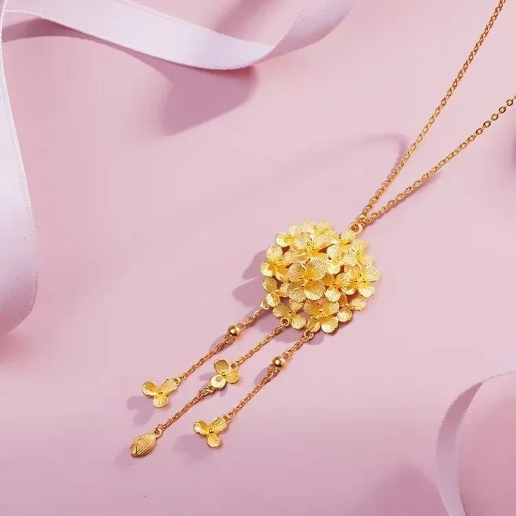 9999 real gold 24K yellow gold Hydrangea Tassel Necklace Fashion Antique Niche