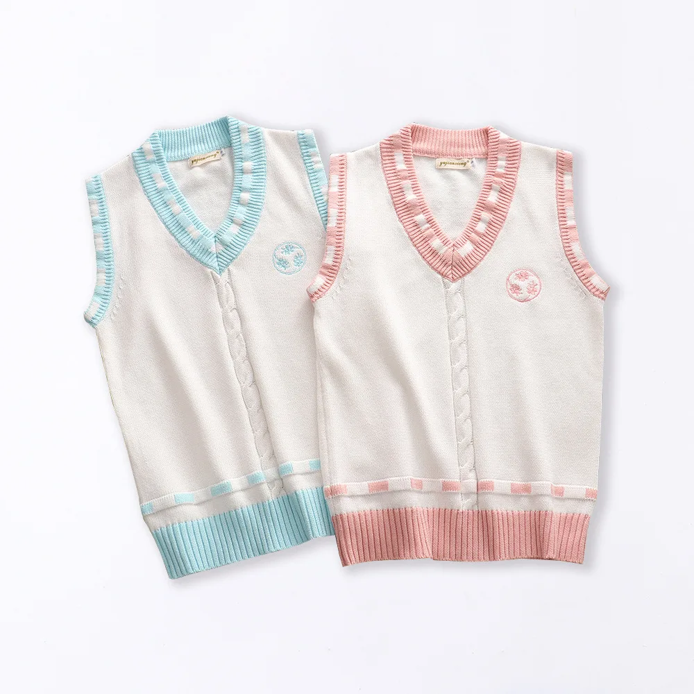 

School JK Uniform Sweater Vest Sleeveless Waistcoat For Pink Girls Blue Boys Cosplay Winter Anime Vest Girls Cute Knitting Coat