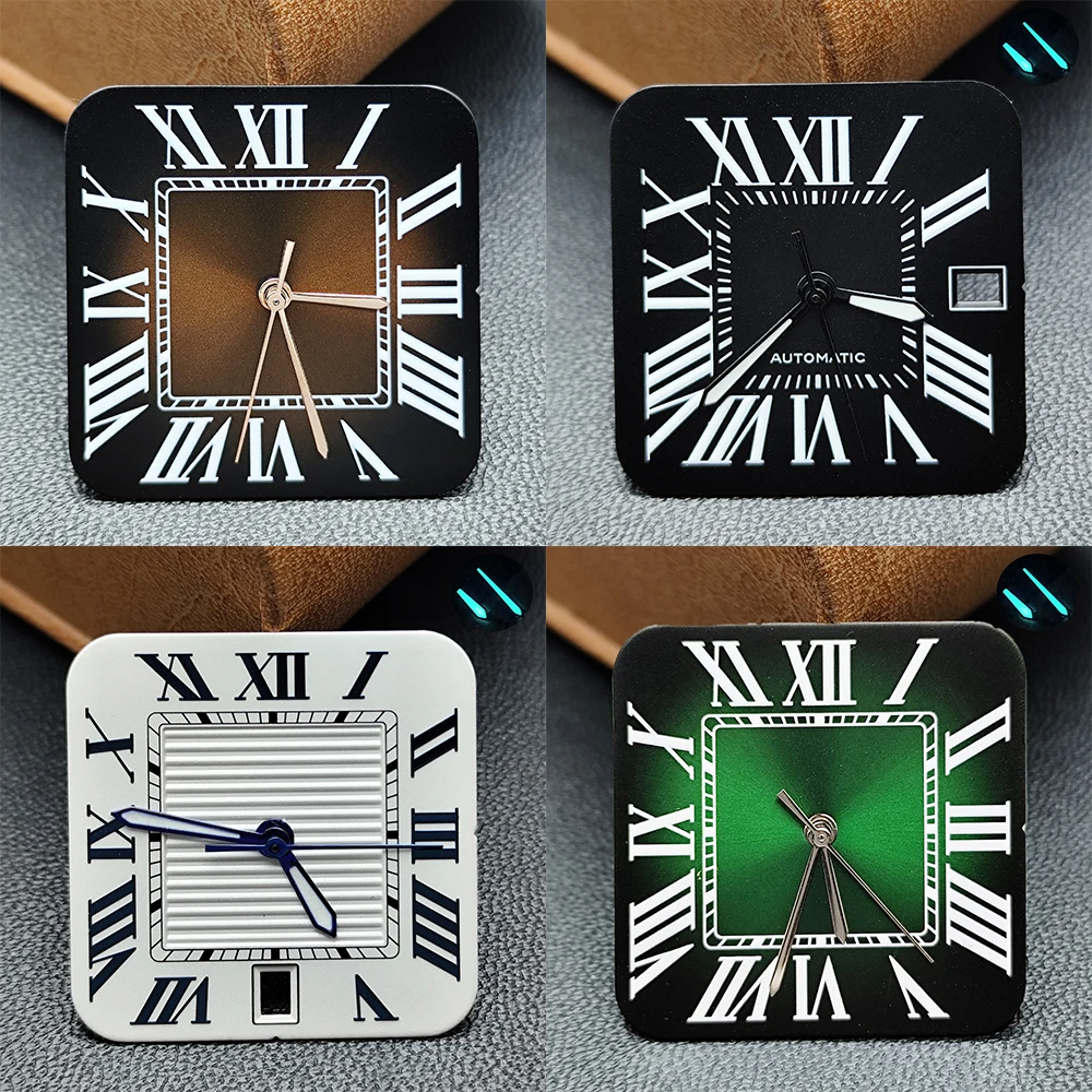 Vintage 27MM Square Roman Numeral Dial Blue Green Hands 3/6 O'clock Calendar Position Fit With NH35 Movement Watch Modification