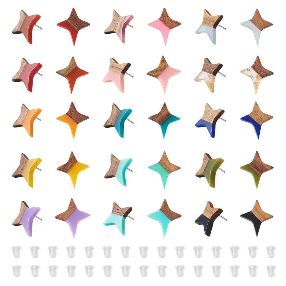 

30Pcs Mixed Color Natural Wood Resin Star Post Stud Earring with Ear Nut For Women Fashion Earrings DIY Jewelry Making Findings