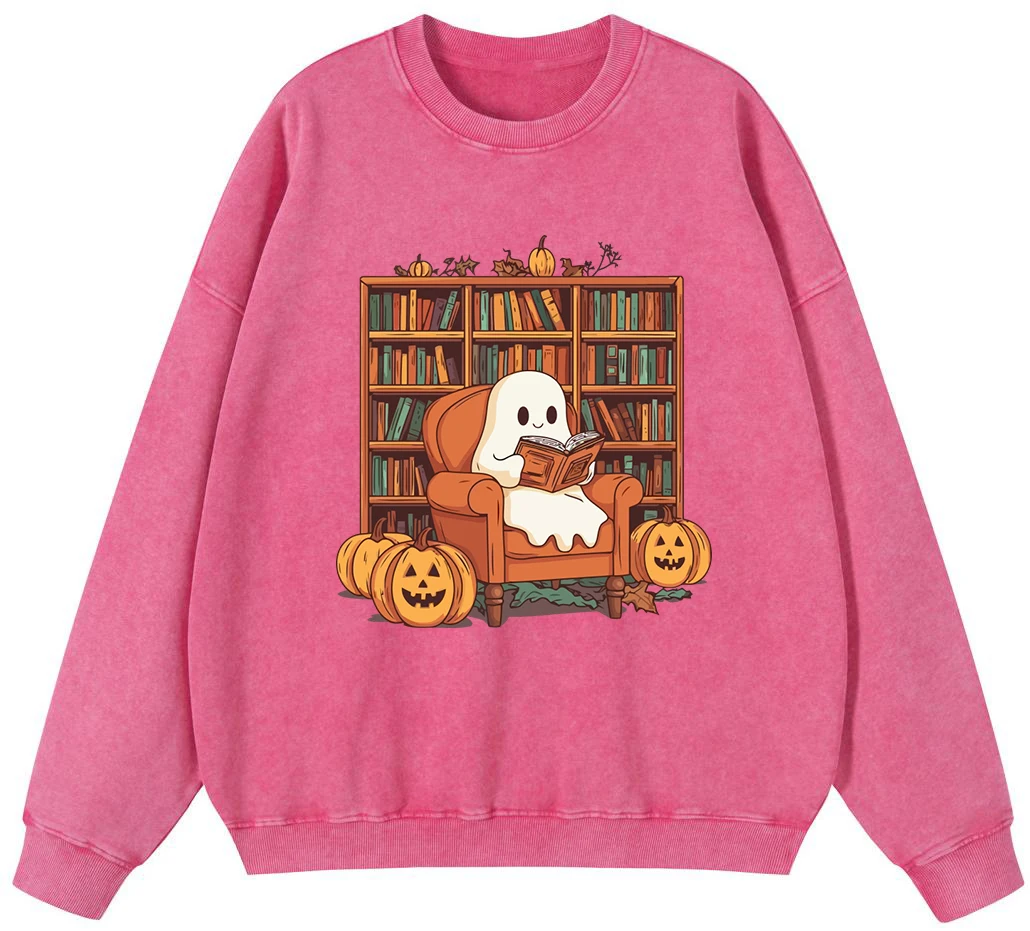 

Halloween Ghost Reading Girl Vintage Washed Cotton Sweatshirt Street Crewneck Soft Pullover Autumn Oversize Hip Hop Comfortable