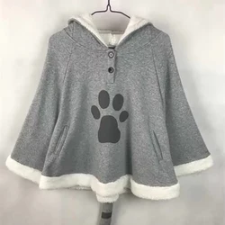 Anime Cute Cat Cloak Hoodies Coat Fleece Cloak Back Tail Kawaii Xmas Gift Gray Spring Autumn Warm Hooded Sweatshirt Hoodies Girl