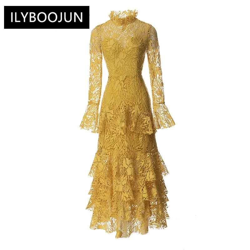 

Fashion Designer Vintage Yellow Party Dress Flare Sleeve Hollow Out Cascading Ruffle High Waist Long Dresses For Women 2023