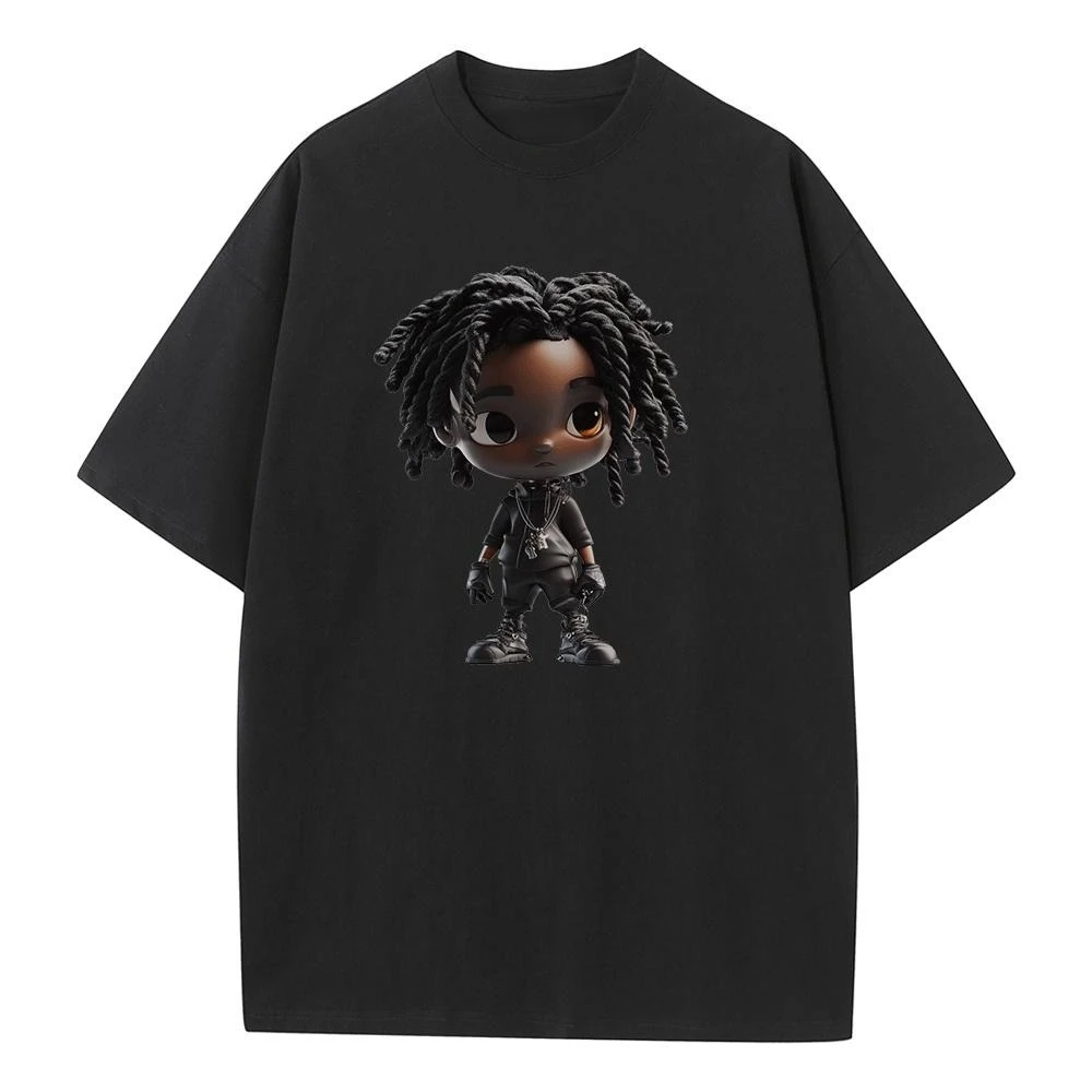 

2025 Summer New Unisex Drop Shoulder Cotton Oversized T Shirt Cute Little Black Graphic T Shirts Breathable Print Mens Tops