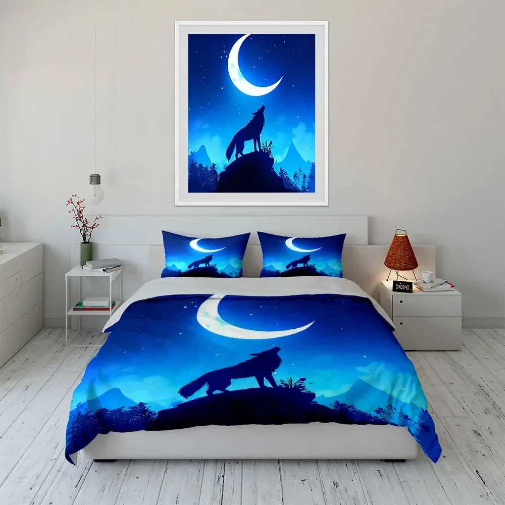 Moonlit Wolf Themed Decor Set Soft Comfortable Duvet Cover Bedding Set Included 1*Duvet Cover & 2*Pillowcases, gift