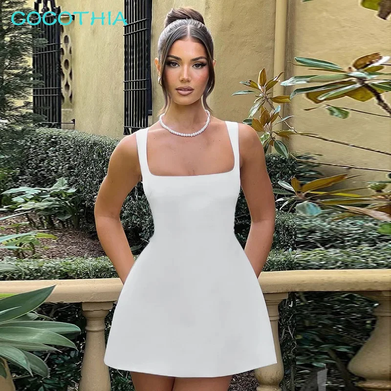 COCOTHIA Spaghetti Strap Square Neck Sleeveless Backless Mini Dress Summer Flirtation Chic Feminine Streetwear Party Vestidos