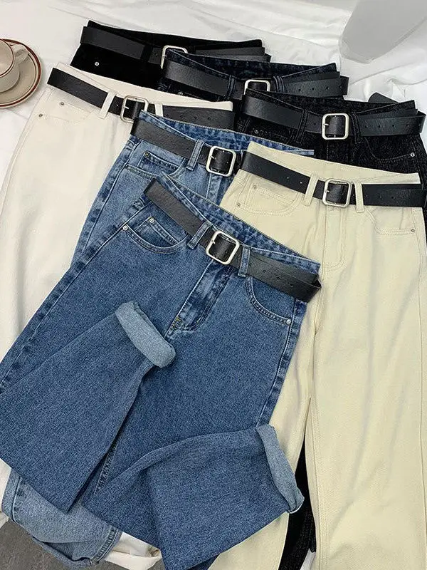 

Korean Faion High Waist Straight Baggy Boyfriend Jeans Cleanfit Sle mid Elastic PU Fabric for Middle-Aged Women