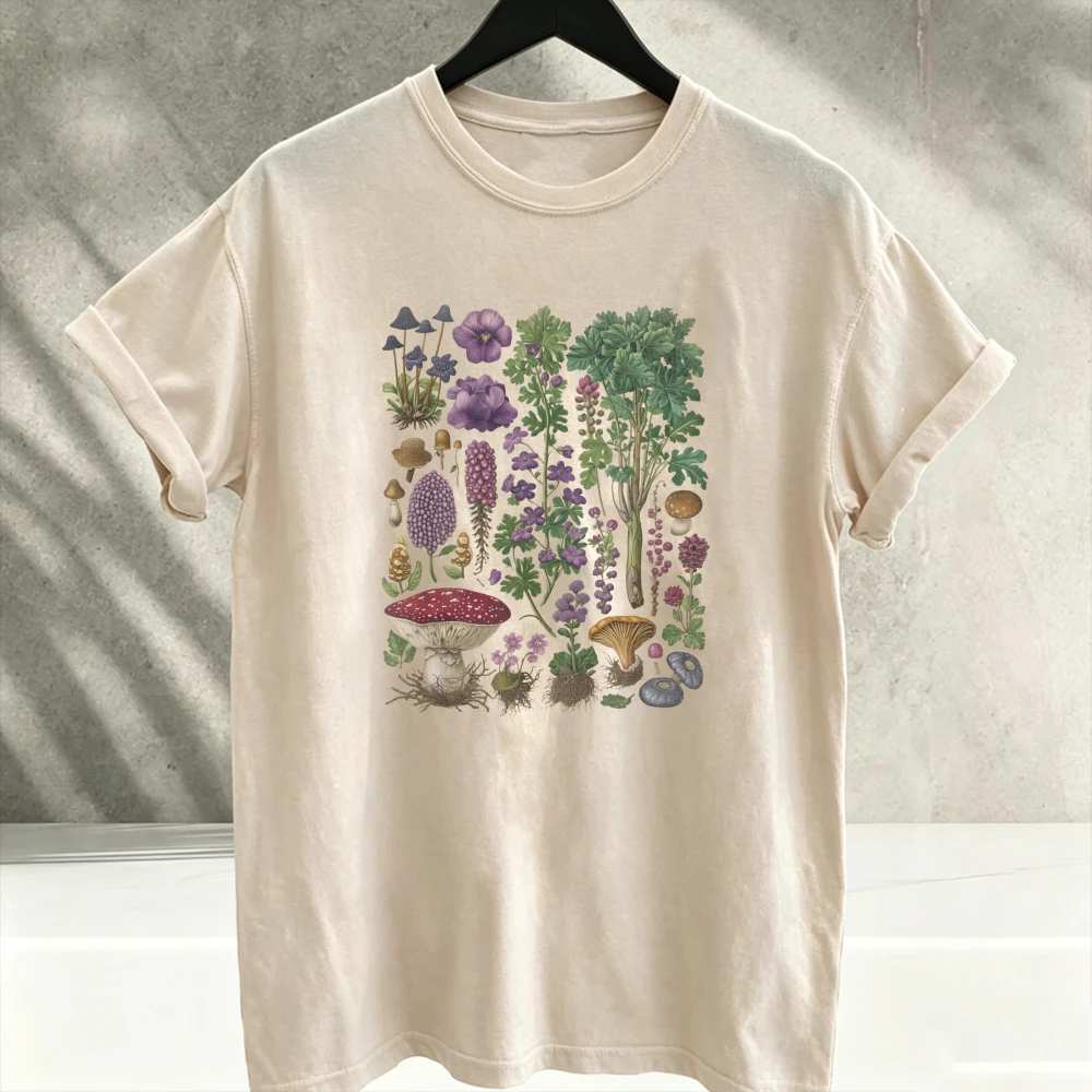 Crew Neck Botanical Mushroom Flowers Herbal Plants Tshirt Purple Green White Cottagecore Forager Nature Plant Lover Gift T-shirt