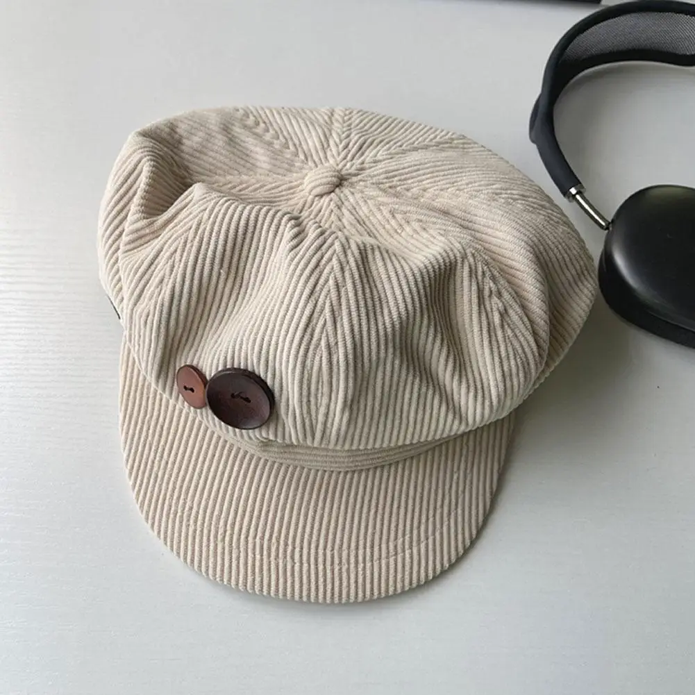 Retro Knopf Cord Achteckige Kappe Für Frauen Maler Künstler Hut Japanische Mädchen Braun Schirmmützen Herbst Winter Berets – Detail 16