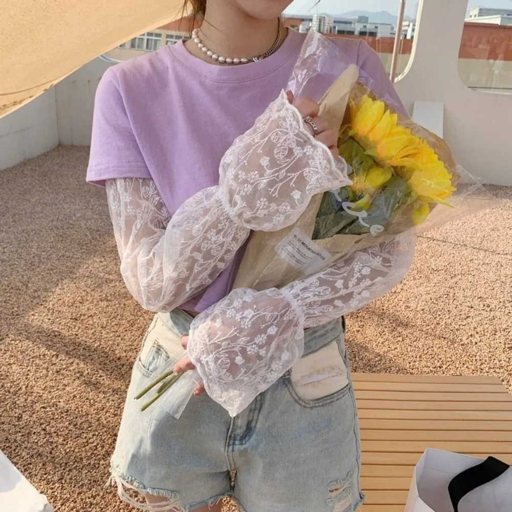 

Simple Elastic Ice Silk Sleeves Hollow Thin Sunscreen Arm Sleeve Flower Mesh Long Sleeved Arm Cover Women