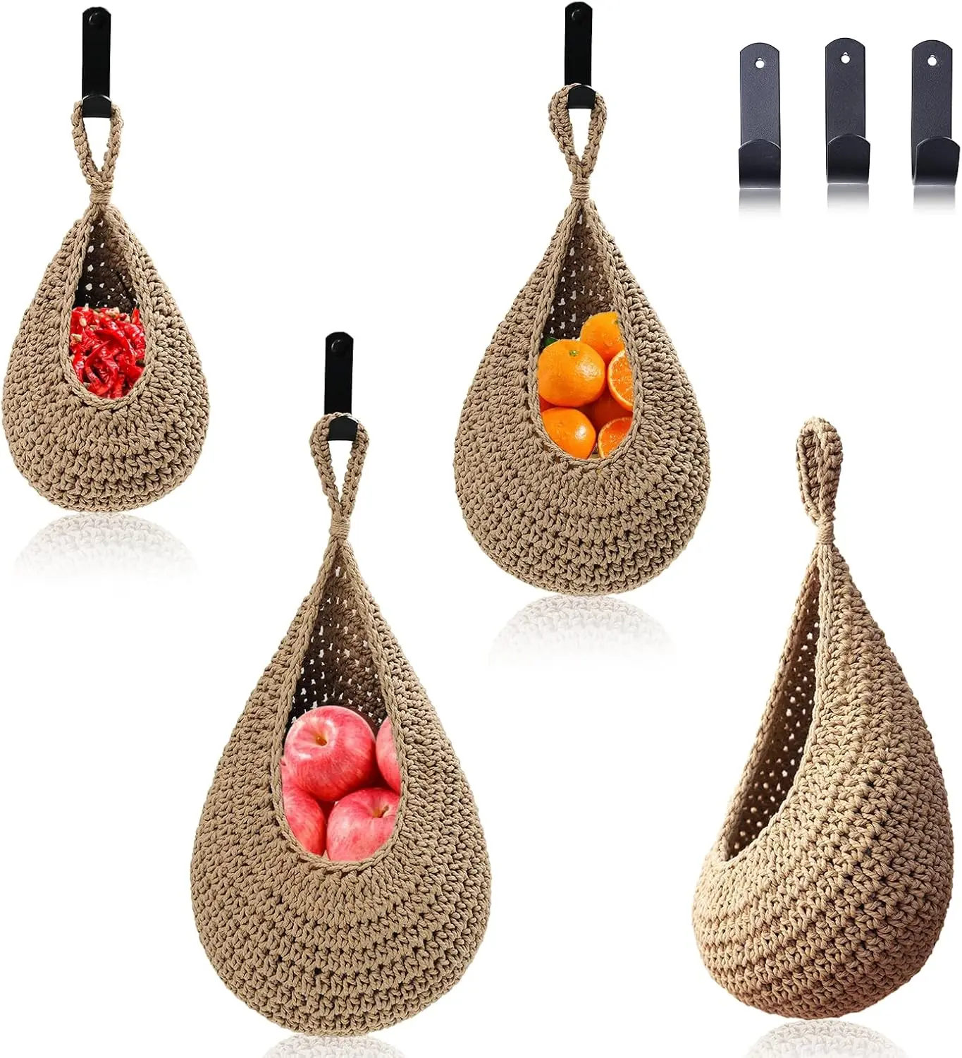 

Hanging Fruit Basket Set of 3, Boho Wall Storage Jute Basket for Organizing & Decor, Handmade Teardrop Hammock Holder with Hooks