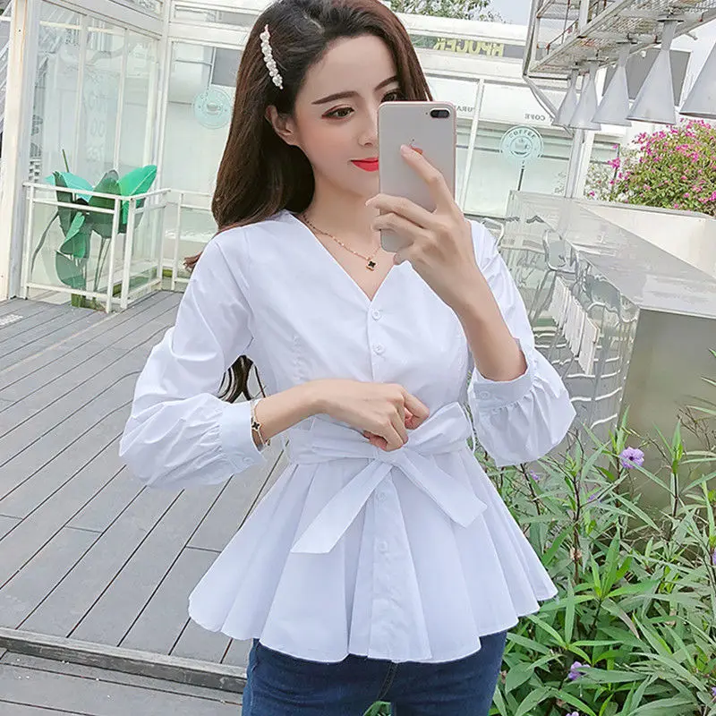 Spring Autumn New Button Lacing Blouse V Neck Long Sleeve Solid Color All-match Short Shirt Tops Elegant Fashion Women Clothing