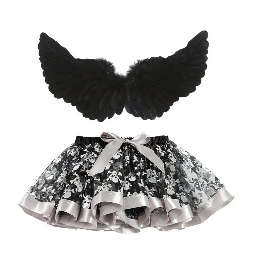 loween Children's Tulle Skirt with Feather Wings Print Net f Skirt Bla Two-Piece Set Cartoon PU Material Spring Season