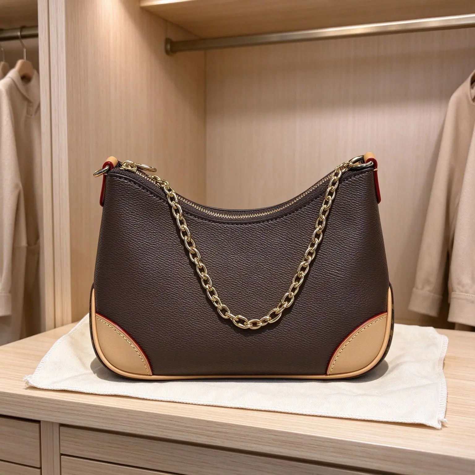 Women Vintage Hobo Shoulder Bag PU Leather Contrast Corner Splicing Gold Chain Decor Underarm Ladies Daily Handbag