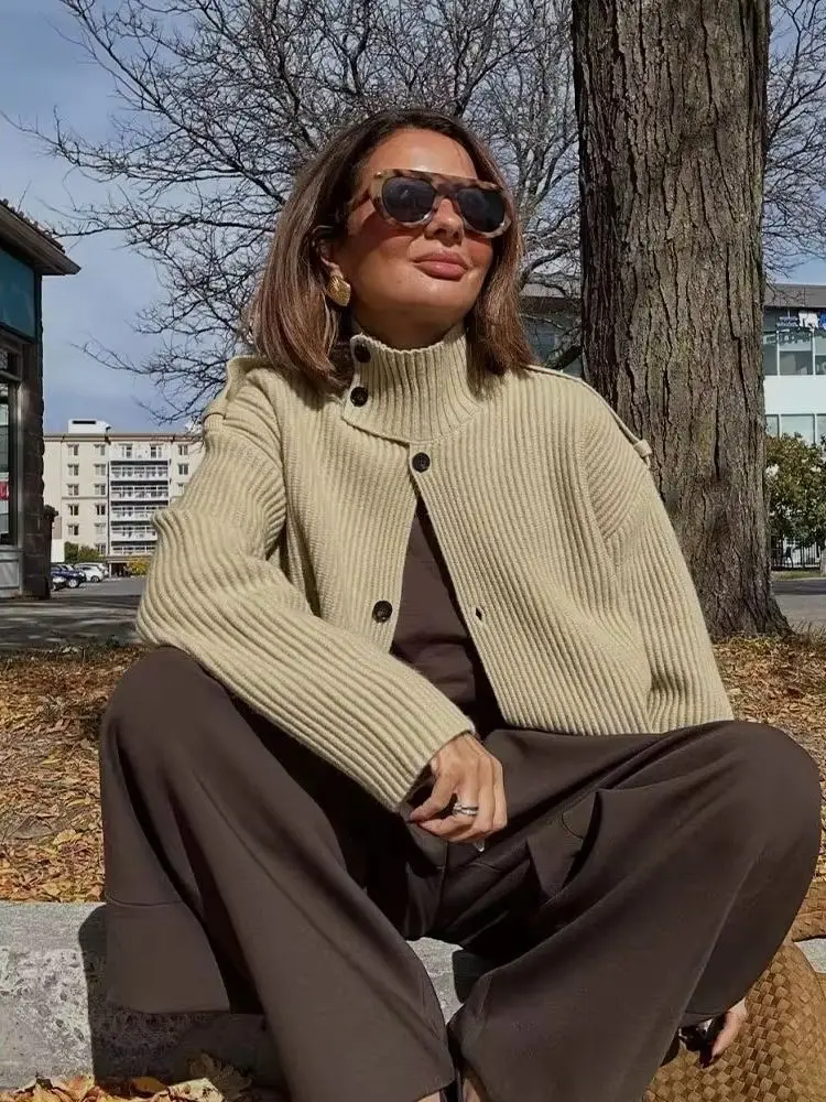 

HH женские осенние свободные уличные стильные модные вязаные кардиганы женские шикарные однобортные пальто с длинными рукавами и карманами с украшением