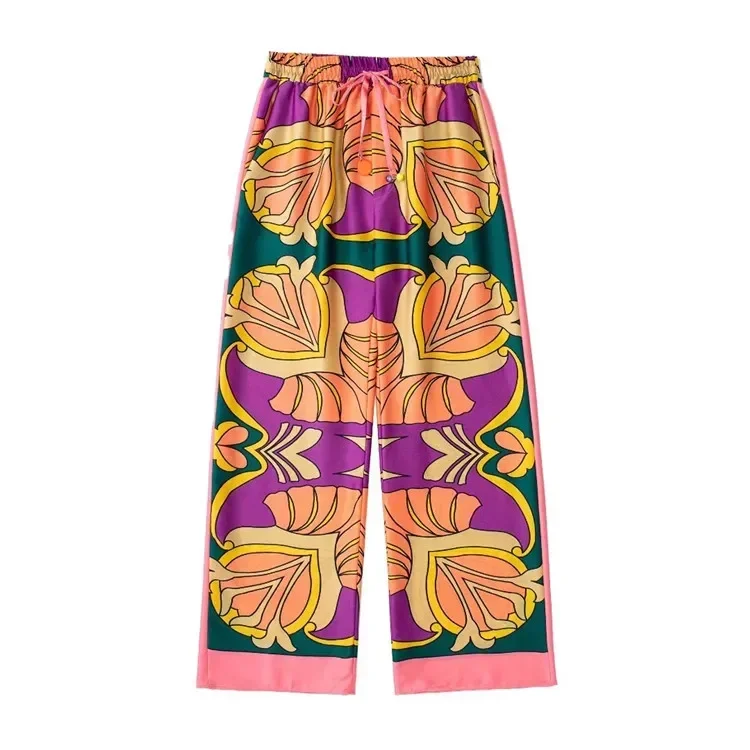 Loose Satin Sleepwear for Women Fashion Print Vintage Silk Pajamas Set 2 Pcs Long Sleeve Pants Female Homewear Chic Summer Suit