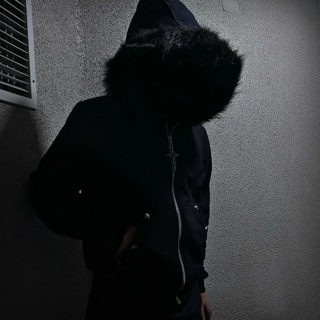 الأوروبية والأمريكية زغب قبعة سترة نمط طويلة الأكمام هوديي معطف الرجعية الشارع الاتجاه الظلام نمط معطف دافئ للنساء #4