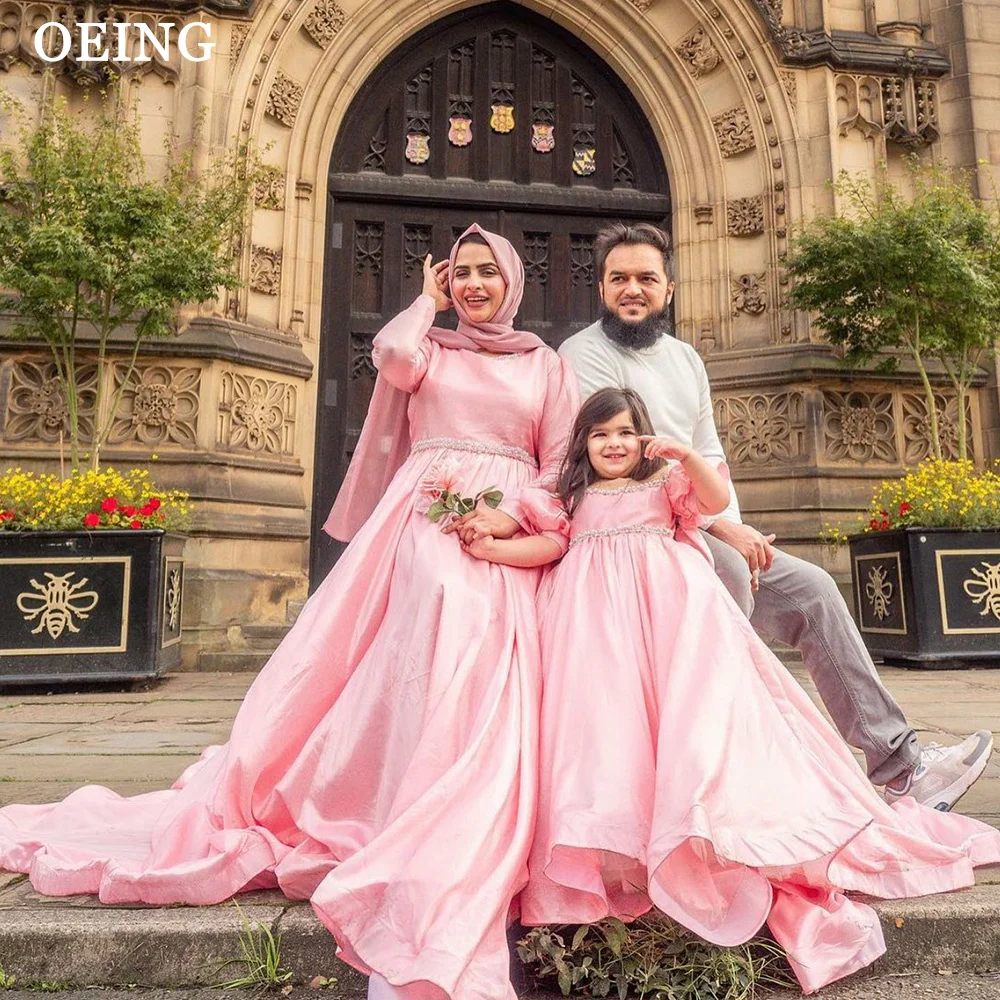 OEING Muslim Mother and Daughter Dress Pink Ruffles Long A Line Birthday Prom Dress Simple Celebrity Family Party Evening Gowns