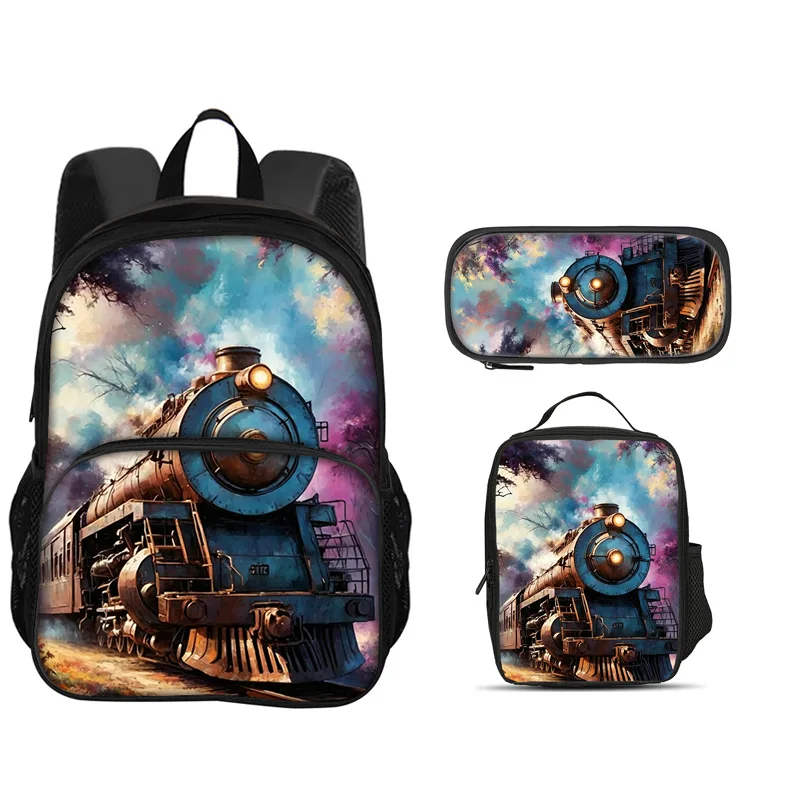 Train round front bag, backpack pencil case ice pack 3Pcs set large capacity lightweight printed best companion for boy and girl