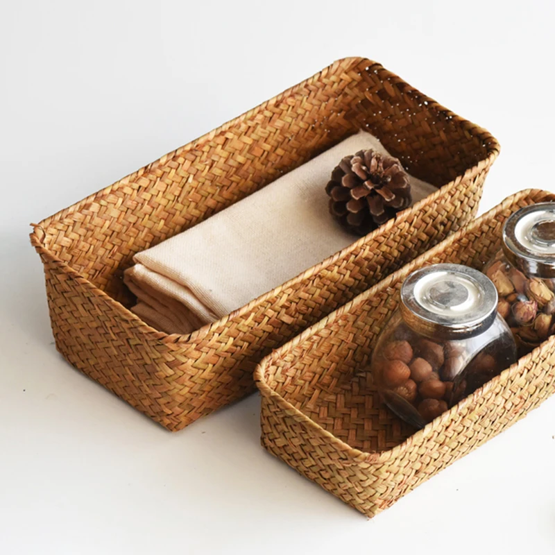 Seaweed Storage Basket Handmade Woven Storage Box Kitchen Organizer Home Woven Baskets Bedroom Organizing Baskets