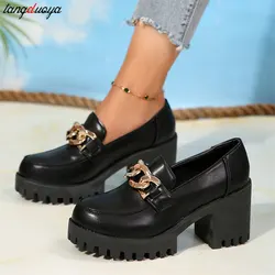 Women's Casual Loafers 2024 New PU Waterproof Thick-soled Oxfords Shoes Women's Fashion Metal Chain Design Mary Janes shoes 41