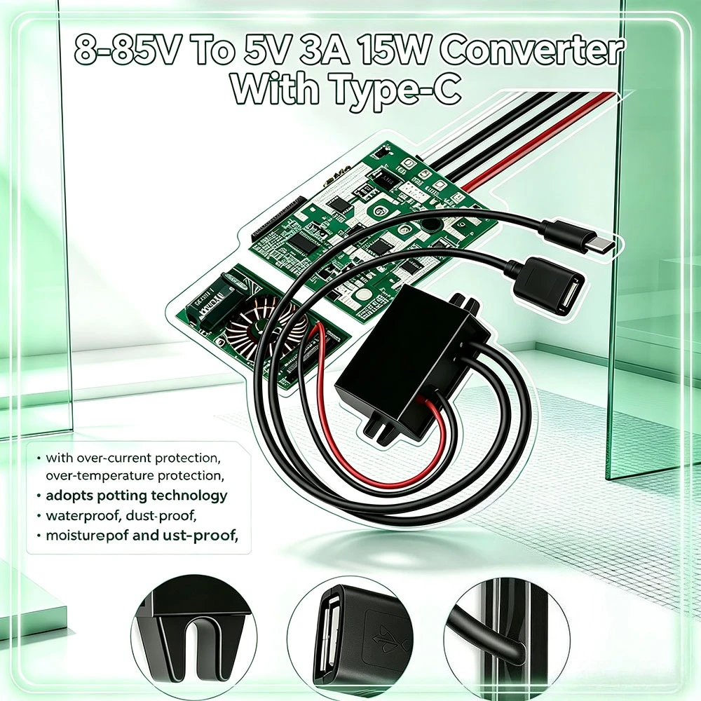 DC 8-85V To 5V USB Converter 3A 15W With Type-C And USB Output Power Adapter Converter Voltage Buck Regulator Step-Down Module