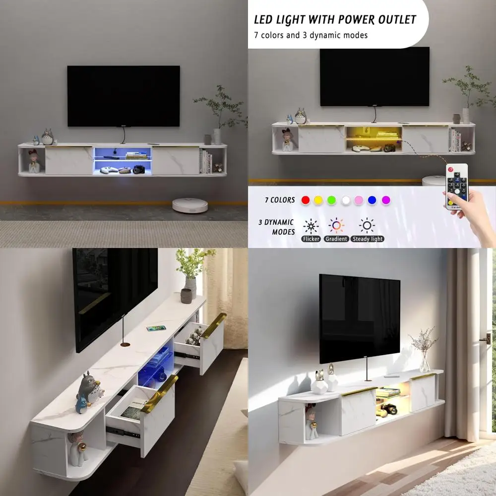 

70 Inch Modern LED-Illuminated Floating TV Stand with Dual Drawers and Wall Mount Media Console for Entertainment Centers