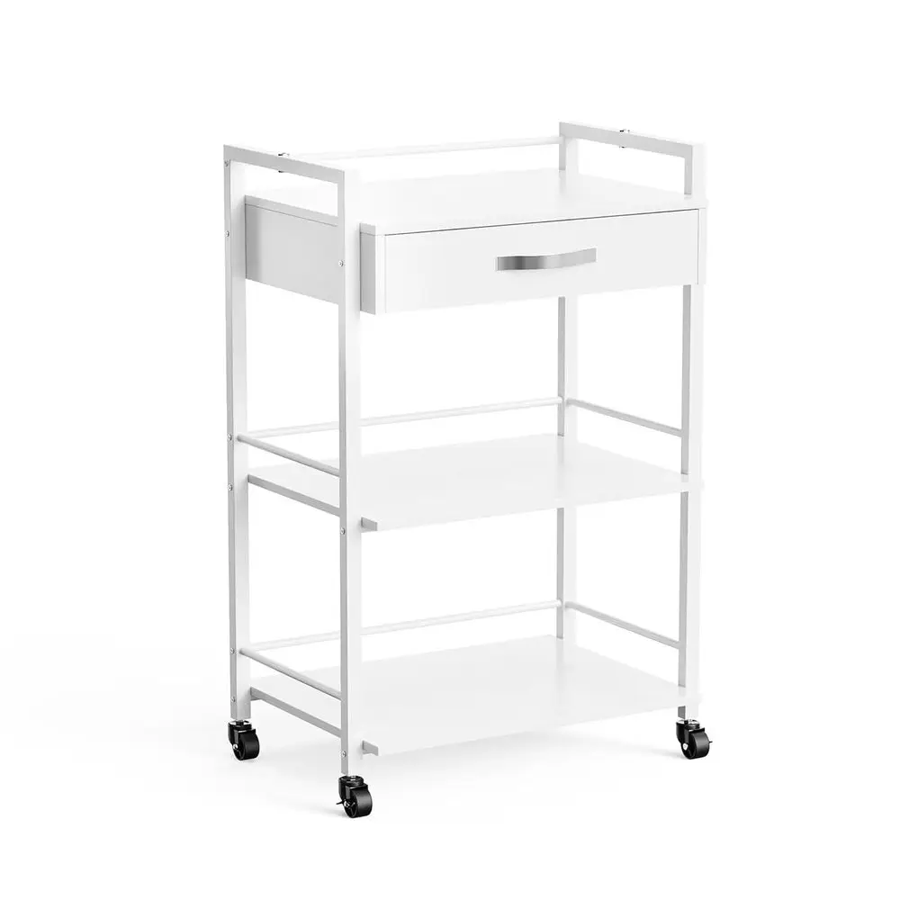 White Mobile Esthetician Cart with Drawer and 2 Trays for Beauty Spa, Massage, and Tattoo Tool Storage