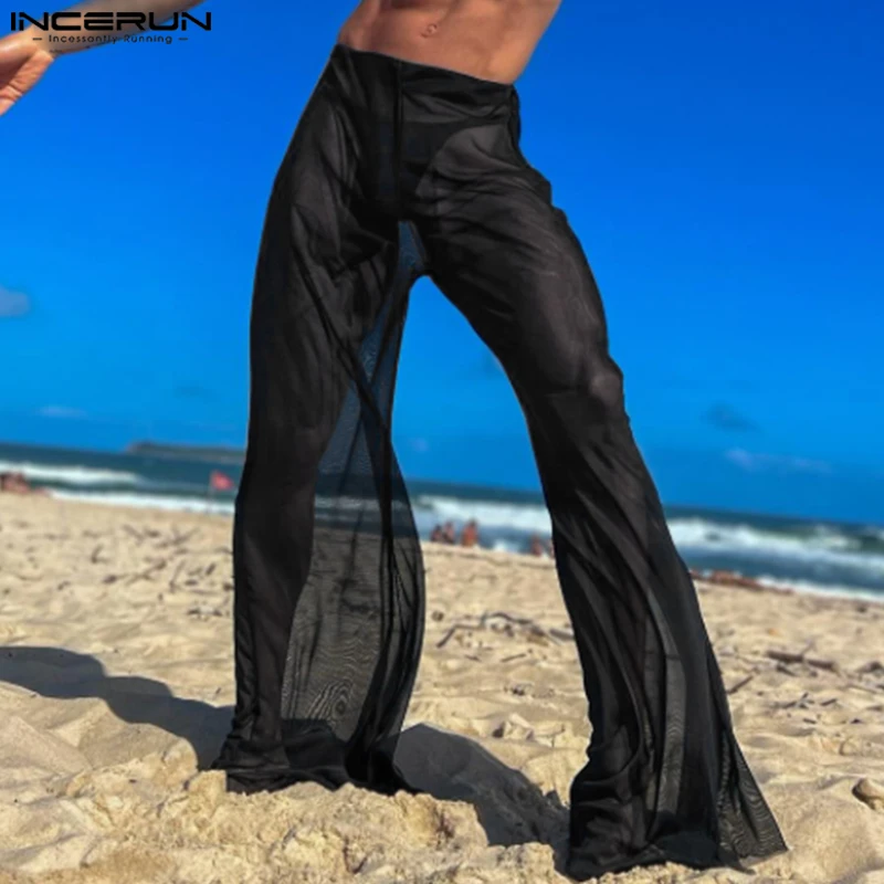 New Men Party Clubwear Trousers INCERUN 2024 American Style Fashionable Sexy Glittering Fabric Perspective Thin Long Pants S-5XL