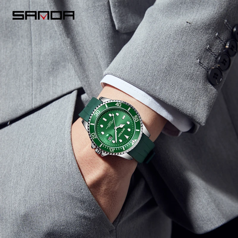 SANDA Mens Automatic Mechanical Watches Fashion Green Water Ghost Dial Simple Calendar Display Waterproof Silicone Strap Reloj