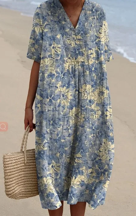 New Summer Elegant Loose Dress Women Print Fashion V Neck Short Sleeve Holiday Party Female Dresses Vestidos Robe Femme image 3
