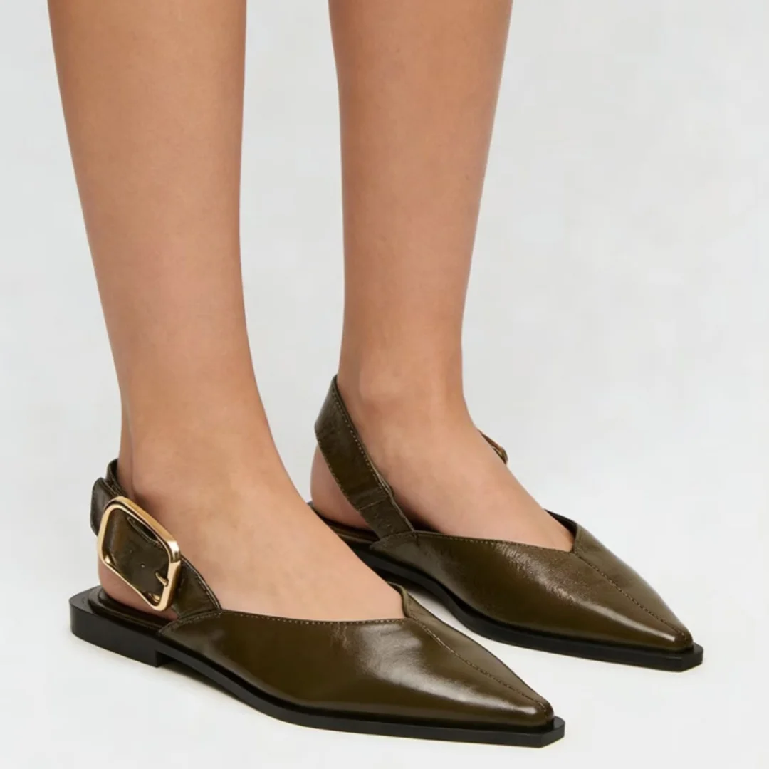 French Commuting Style New Pointed Toe Belt Buckle Low Heel Fashion Sandals For Outerwear Oversized v-Neck Back Empty Flat Shoes