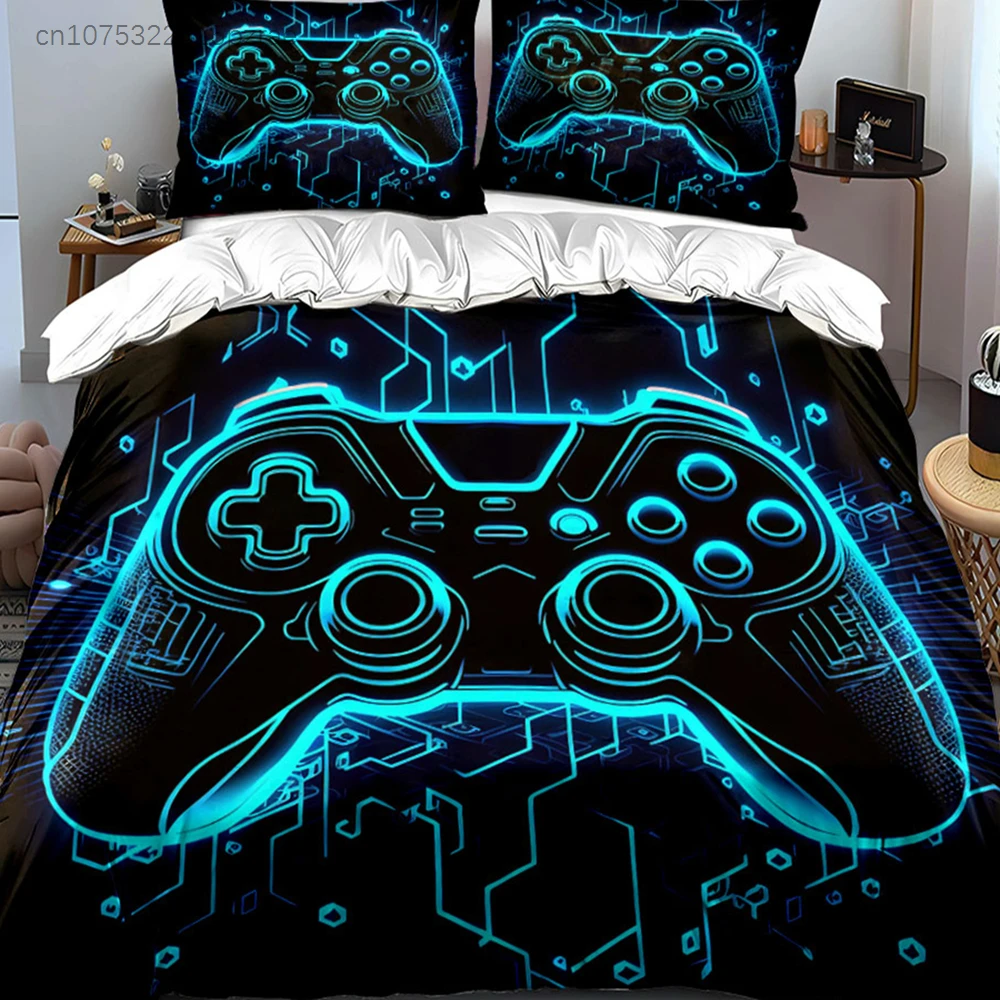 Blue Neon Circuit Gamepad Bedding Set,Tech Line Xbox Controller Print Duvet Cover Set,Cool Gaming Microfiber 3pc For Teen Gamers