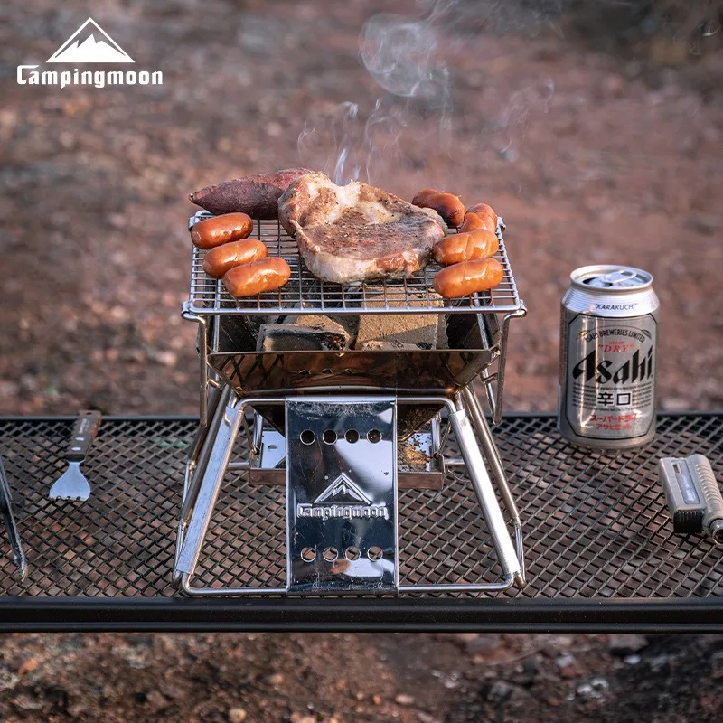 CAMPINGMOON Stainless Steel Portable Mini Wood and Charcoal BBQ Grill for Camping and Picnic