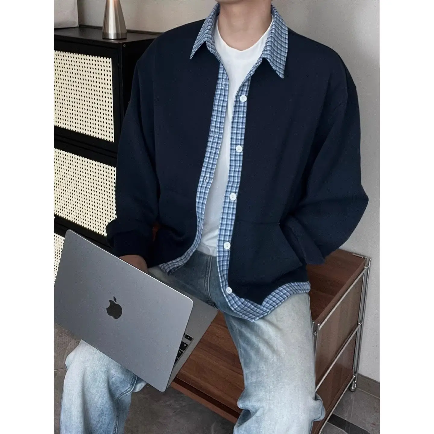 Blue Plaid Short Jacket Men's Autumn Casual Style Shirt Collar Open Cardigan Sweatshirt Fake Two-Piece Business Scene Polyest...