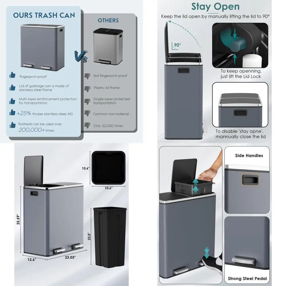 

Комбинированное двойное контейнер для мусора и переработки на 16 галлонов, нержавеющая сталь, крышка с мягким закрыванием, съемные ведра, герметичное (серый)