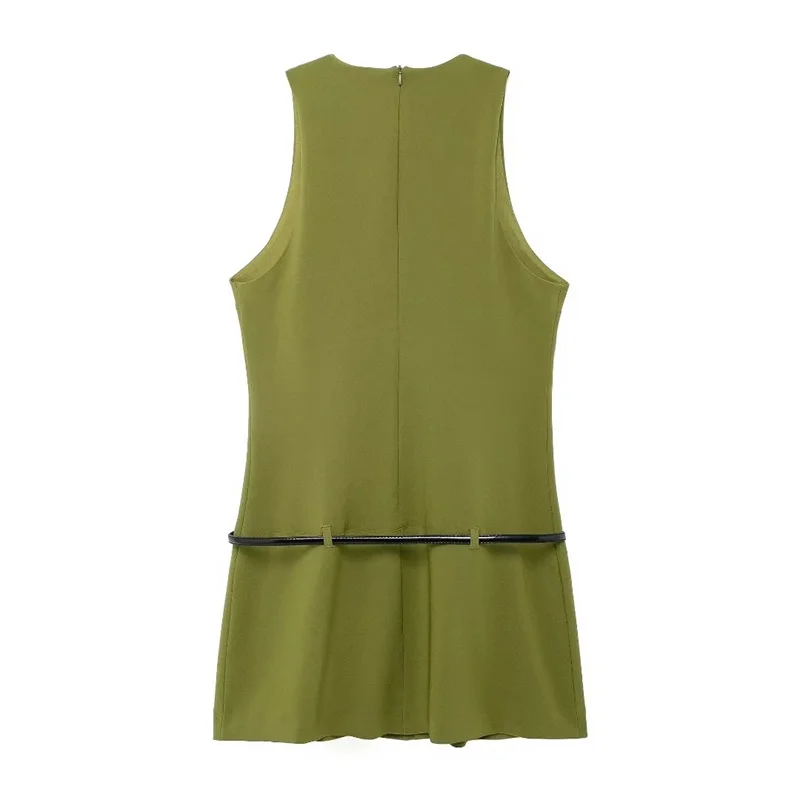 EDSA Women Green Belted Mini Dress with False Welt Pocket Sleeveless V-Neck Short Dresses for Casual Girls Streetwear