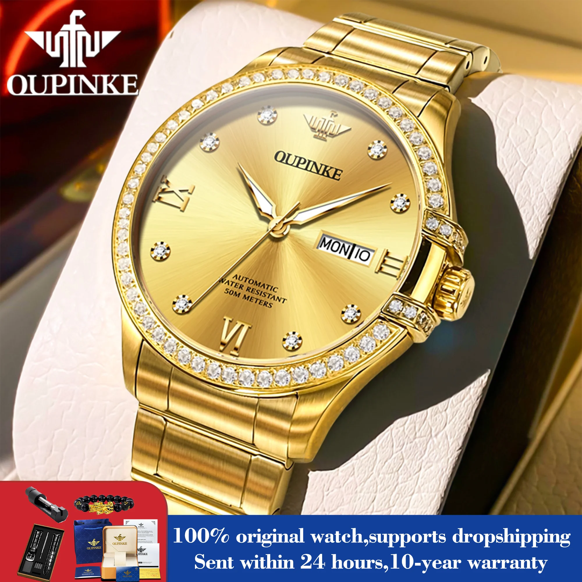 OUPINKE 3195 Dual Calendar Mechanical Watch For Men Sapphire Mirror Top Brand Hand Clock Diamond Waterproof Business Man Watch