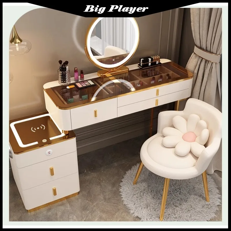 Intelligent Dressing Table Tea Colored Tempered Glass Multifunctional Princess Dressing Table Modern and Simple
