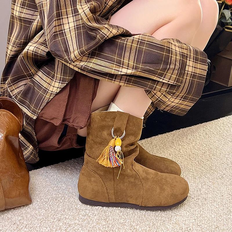 

Коричневые ботинки в стиле ретро, женские рыцарские ботинки на плоской подошве, утягивающие осенние модные ботинки, непромокаемые ботинки на платформе, бархатная внутренняя часть из искусственной кожи