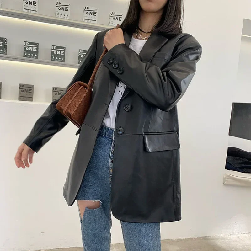 2025 Spring And Autumn New Sheepskin Leather Long Trench Coat   Suit Jacket Woman