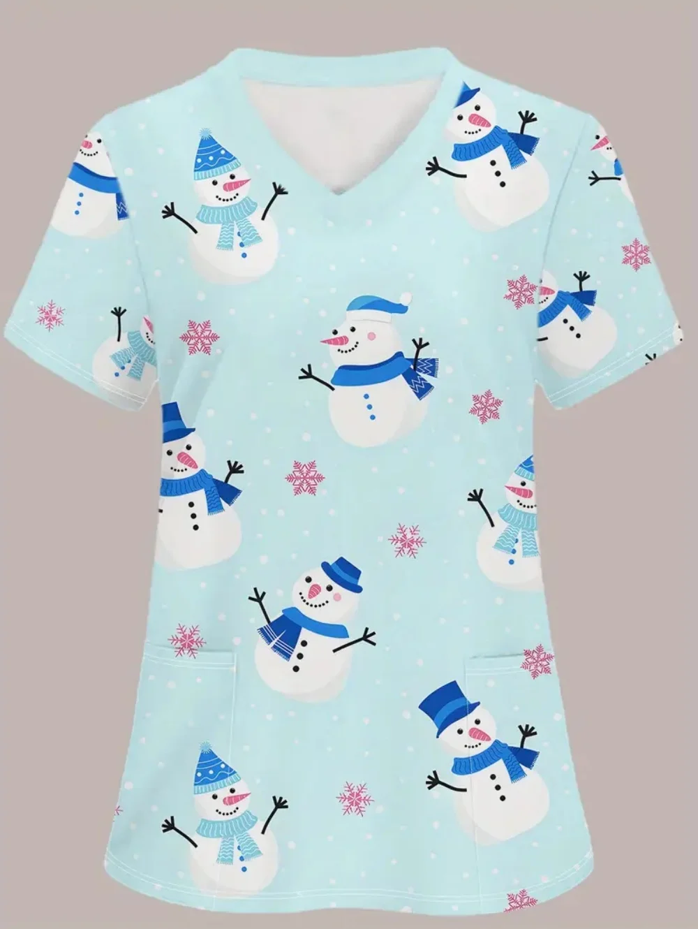 

Christmas Women Medical Uniforms Snowman Pattern Print Dentist Uniform Fashion Short Sleeve V-Neck T-Shirt Scrubs Uniform Woman